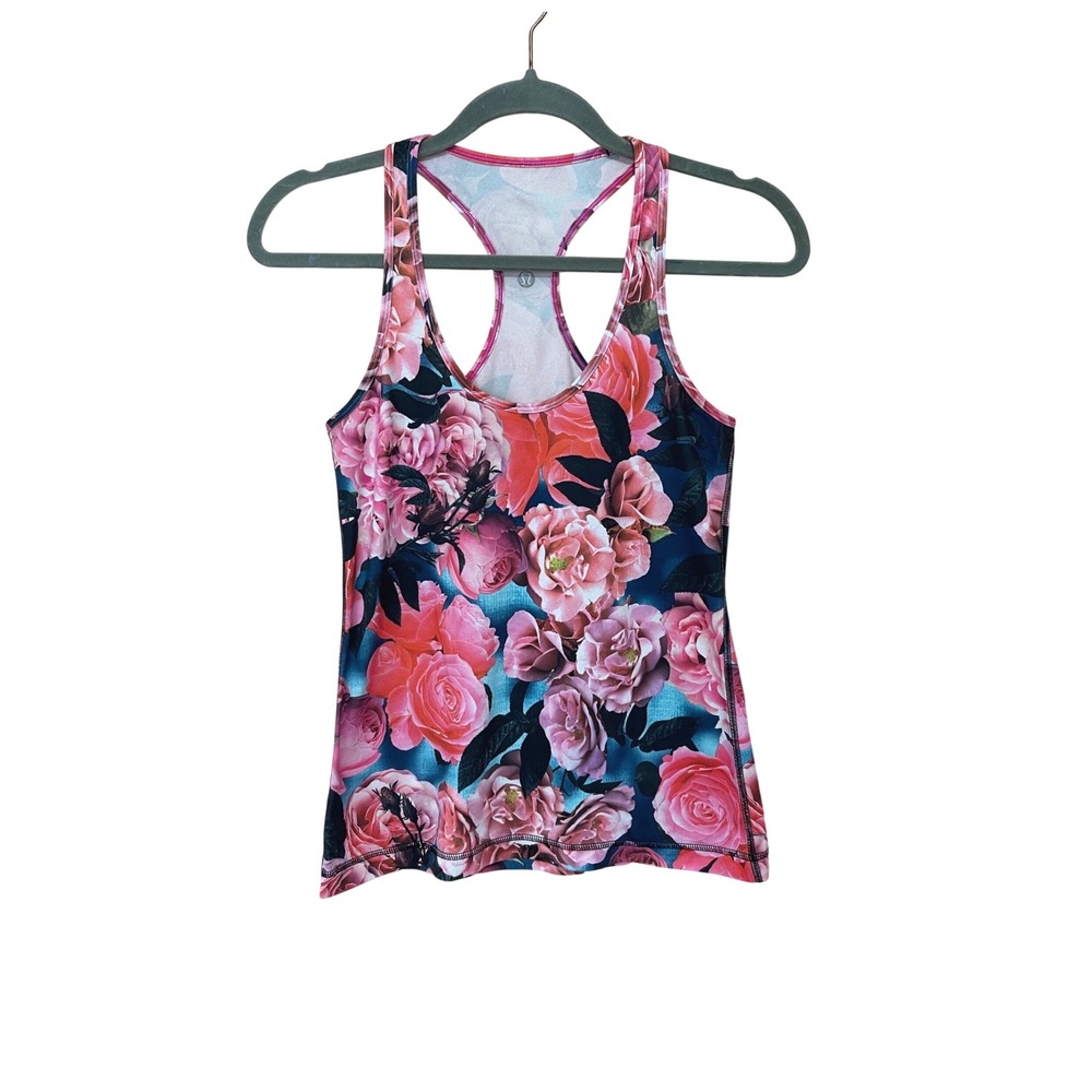 lululemon Cool Racerback Tank Top Floral Rose Print Pink Blue Size 8 Rare Print - Picture 3 of 8